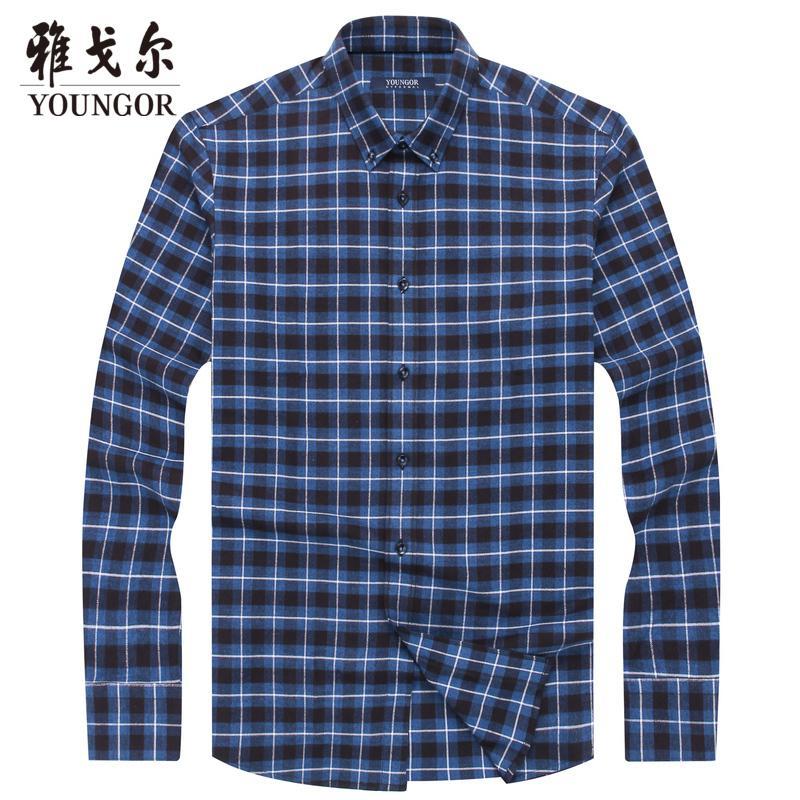 Youngor/雅戈尔白色格纹商务休闲棉涤混纺修身剪裁绒面工艺衬衫968BKY 43 白色格纹