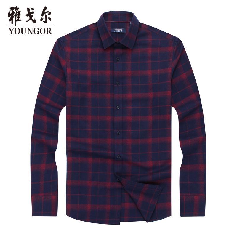 Youngor/雅戈尔衬衫磨毛2019年冬季格纹长袖衬衫男修身衬衣男商务休闲红色_1 默认颜色 42