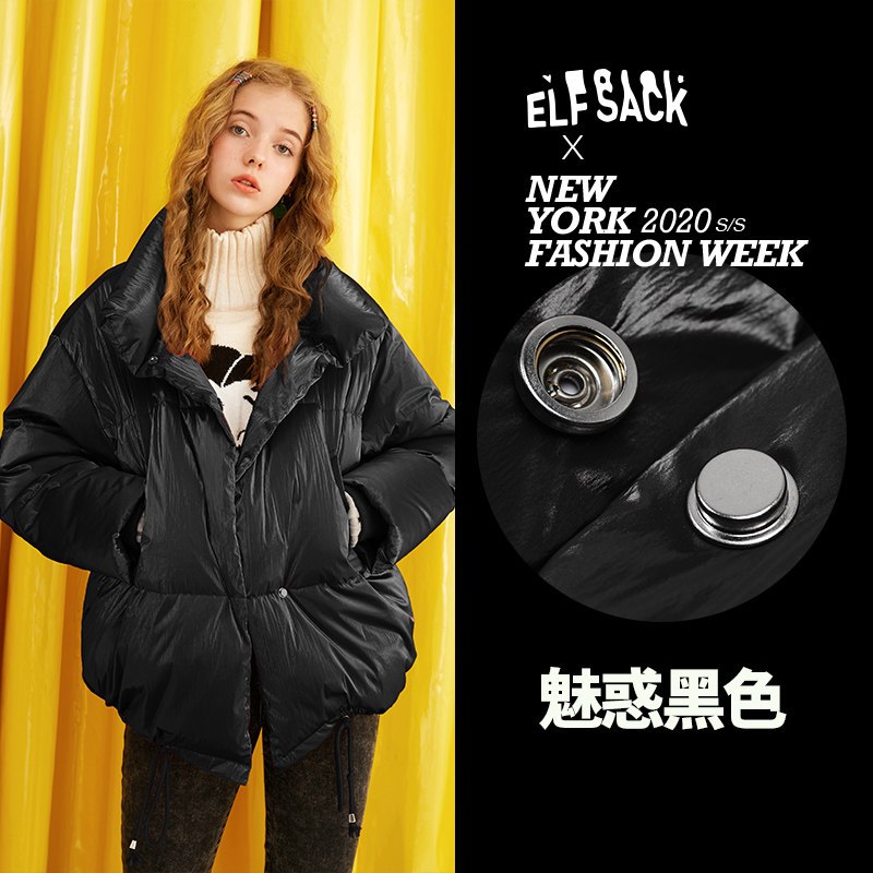 妖精的口袋时尚羽绒服2019秋冬装新款女短款休闲白鸭绒学生外套_1 L 魅惑黑色