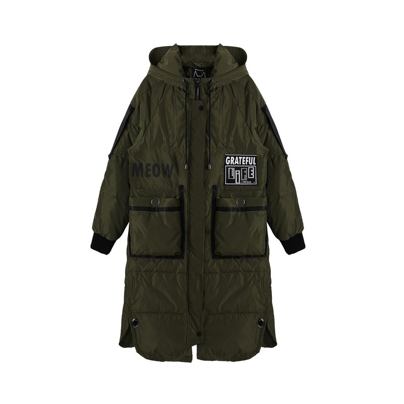 a02商场同款潮流印花大口袋中长连帽羽绒服女D1T6D0051CT L 军绿-430