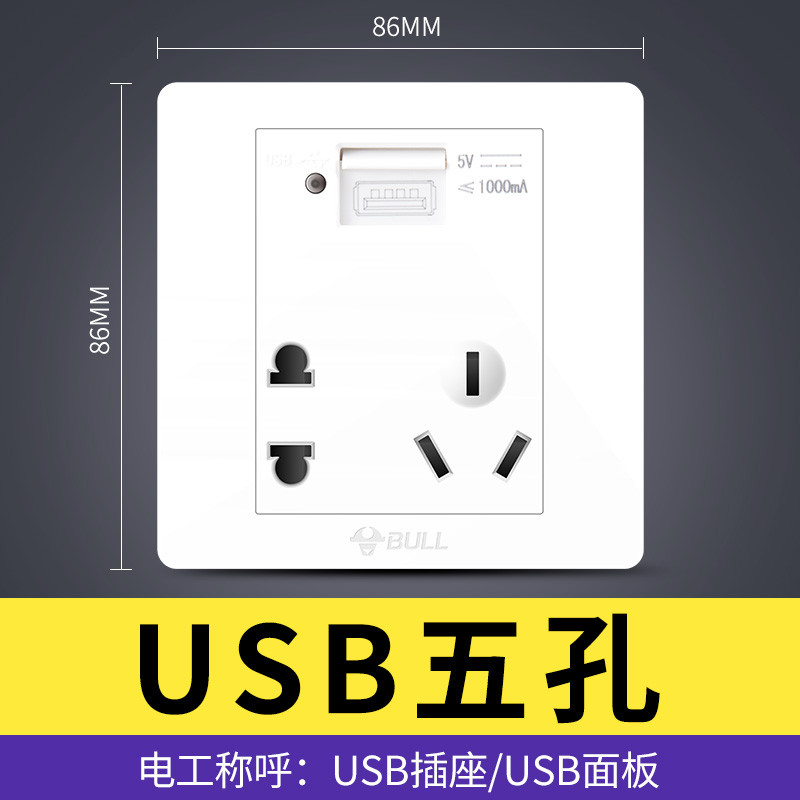 公牛开关插座家用86型墙壁G07白系列五孔电源插座其他面板单开开关空调16A电脑电视七孔空白面板插座 一位USB五孔 G07经典白