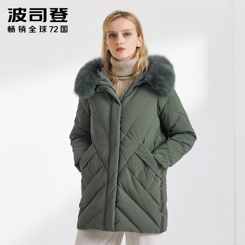 波司登羽绒服中老年女装连帽毛领中长款加大厚款_1 190/112B 台板绿4201
