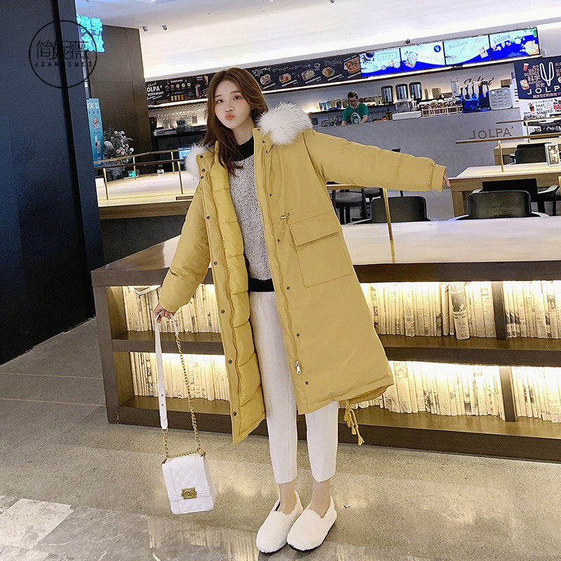 简妮薇(JIANNIWEI)中长款羽绒服棉服女2019冬季新款韩版加厚加绒棉衣宽松超大码棉 黄色 3XL