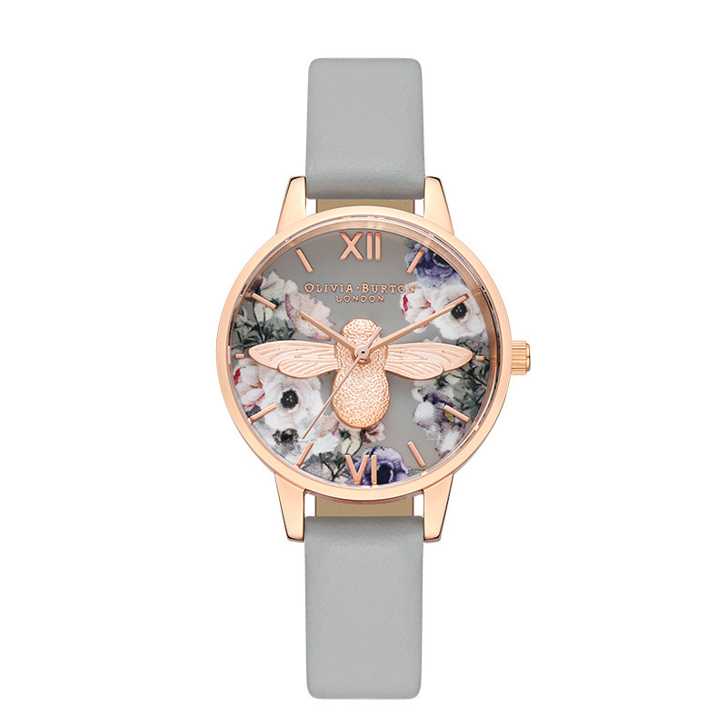 OliviaBurton 英国进口 圆形少女时尚3D小蜜蜂气质花朵女士优雅腕表 女表OB16PP43 伦敦深灰