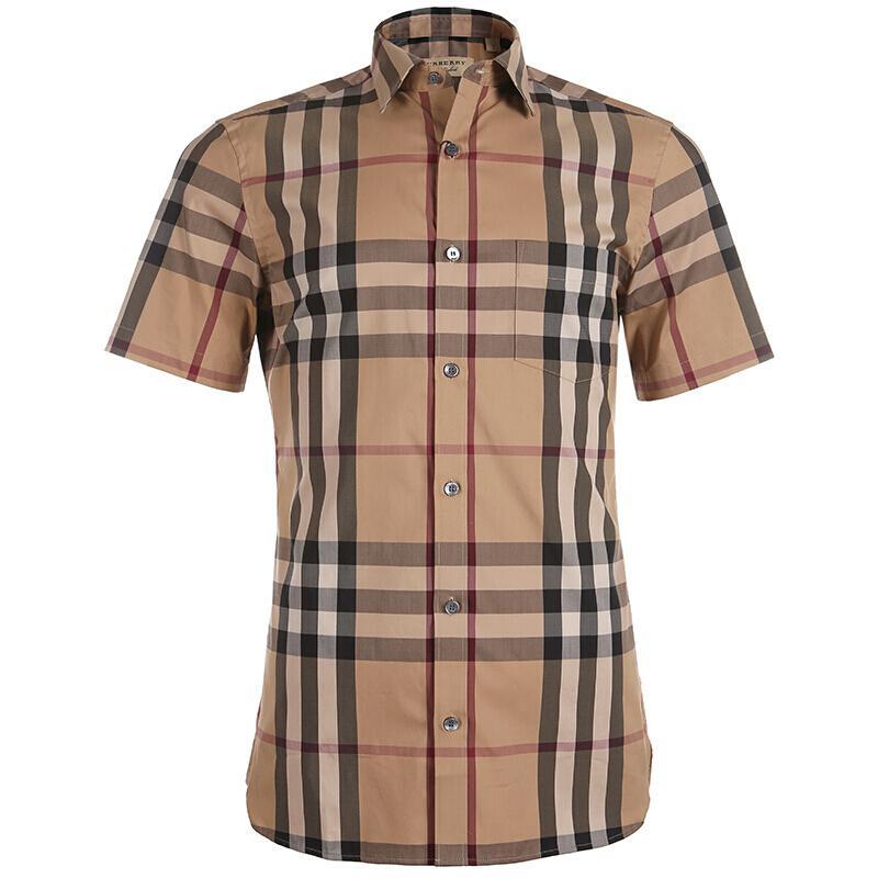 BURBERRY 博柏利 男款混纺短袖衬衫 45575971 驼色格纹 M