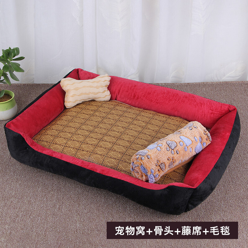 冬天保暖网红狗窝宠物垫子泰迪小型犬大型狗狗用品床猫窝四季通用_1_815 70*55CM(25斤内) 红黑色+凉席+毛毯+骨头