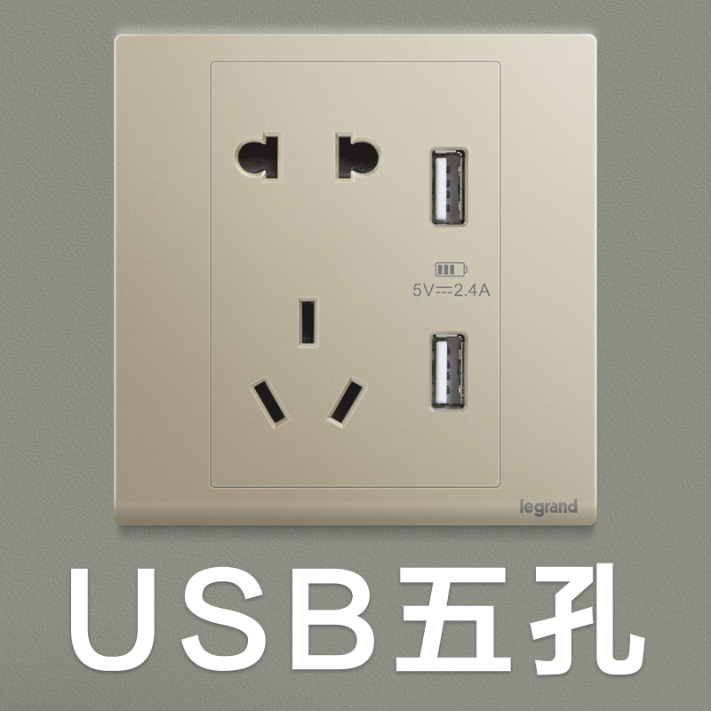 罗格朗(Legrand)五孔墙壁家用暗装开关插座朗淳香槟金色墙上暗线86型5孔带USB面板多孔双控电源插座 USB五孔 朗淳香槟金