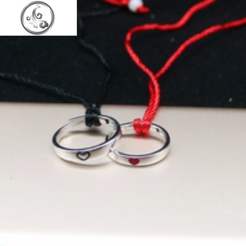 925银情侣项链一对韩版学生戒指吊坠男女简约文艺纪念可刻字 爱心戒指一对红绳黑绳