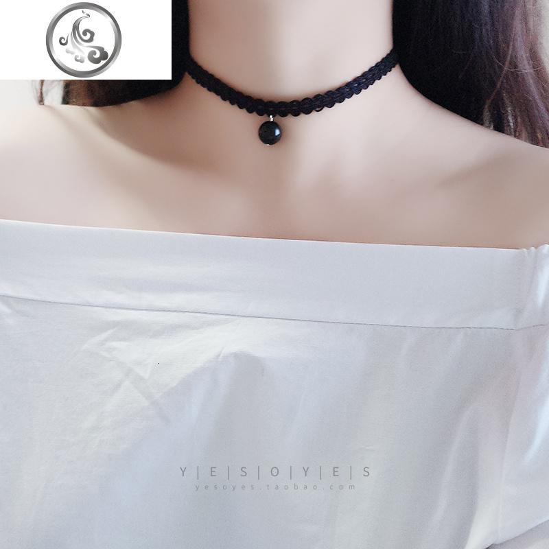 黑色脖子饰品纯银日韩国简约choker项圈项链女锁骨链蕾丝颈带颈圈_1_702 微弹蕾丝黑曜石颈带925纯银