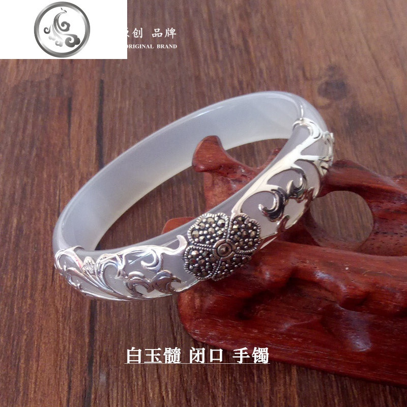 玉手镯镶925纯银泰银复古天然玉髓玛瑙玉镯子女银饰品送妈妈女友 白玉镯闭口60mm（精选品级）送证书、礼盒