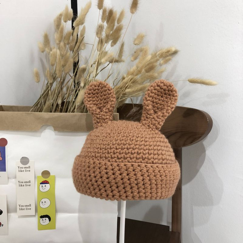 全手工钩针可爱兔耳朵毛线帽子女秋冬复古保暖卖萌大儿童针织帽潮 M（56-58cm）_肉桂粉