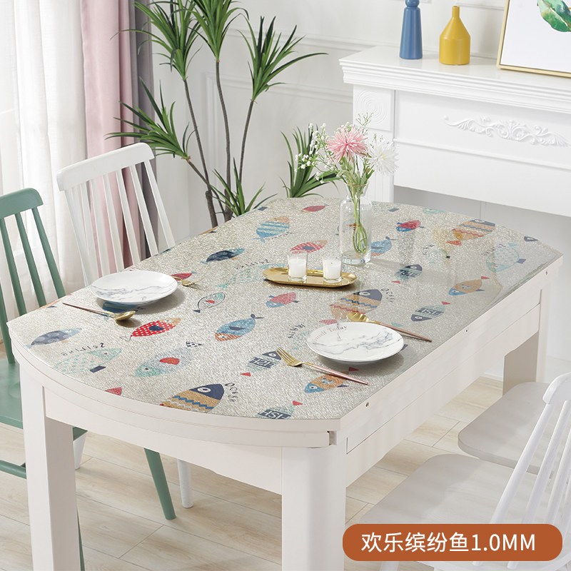 椭圆形餐桌布可折叠伸缩桌垫透明软塑料玻璃防水防烫防油免洗桌布_1_320 中间椭圆部分90*150cm 欢乐缤纷鱼1.0mm【环保无味】