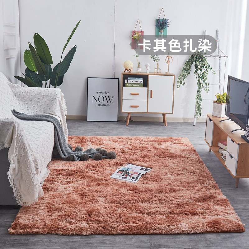 地毯卧室床边毯满铺长毛绒网红北欧客厅毛毯地垫可睡可坐_641 120x200cm【加密加厚】 卡其色扎染