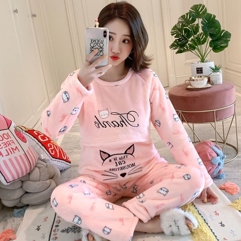 秋冬季加厚法兰绒月子服产后喂奶哺乳期外出珊瑚绒孕妇睡衣冬套装 莎丞4488 【M】适合85-105斤 860小花猫虾