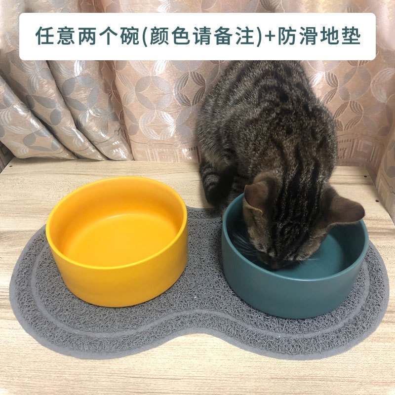 猫碗双碗陶瓷狗碗猫咪食盆饭盆狗狗喝水猫粮碗宠物用品实木防打翻_2 碗直径15.5cm碗深6.8cm 任意2件单碗+防滑地垫组合颜色请备注