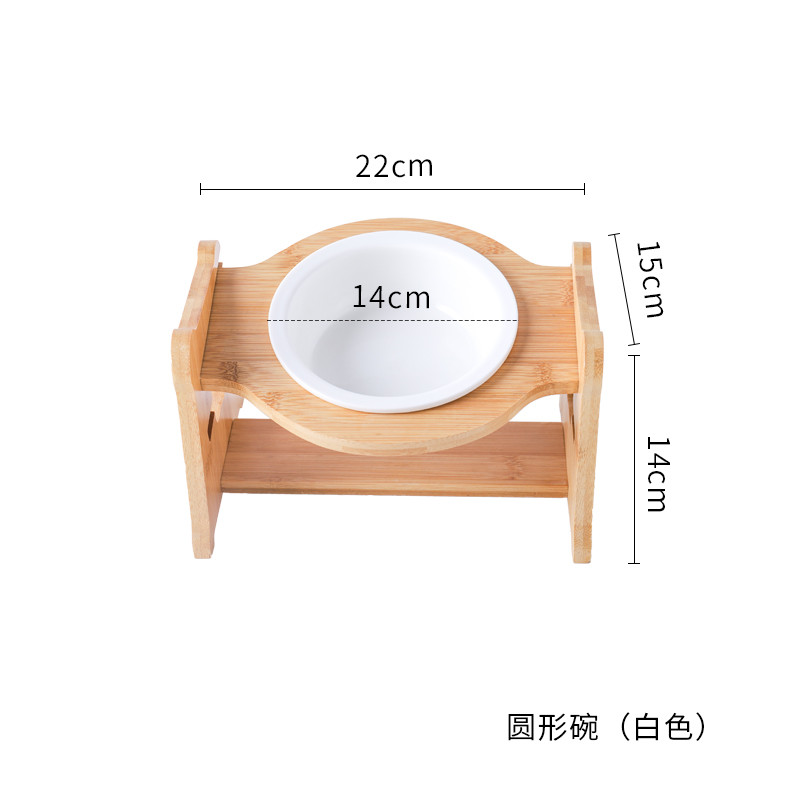 猫碗宠物用品碗陶瓷双碗食盆防打翻木架护颈吃饭喝水斜口碗猫咪碗_1 高度调节大小通用 单圆碗+木架+纯白色