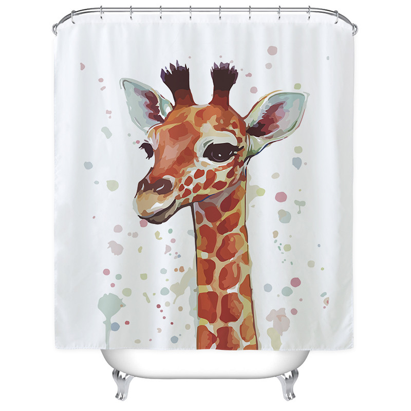 北欧个性大象浴帘防水卫生间洗澡间隔断布洗澡淋浴房挂帘套装弧形_2 默认尺寸 呆萌长颈鹿浴帘180宽*高180cm