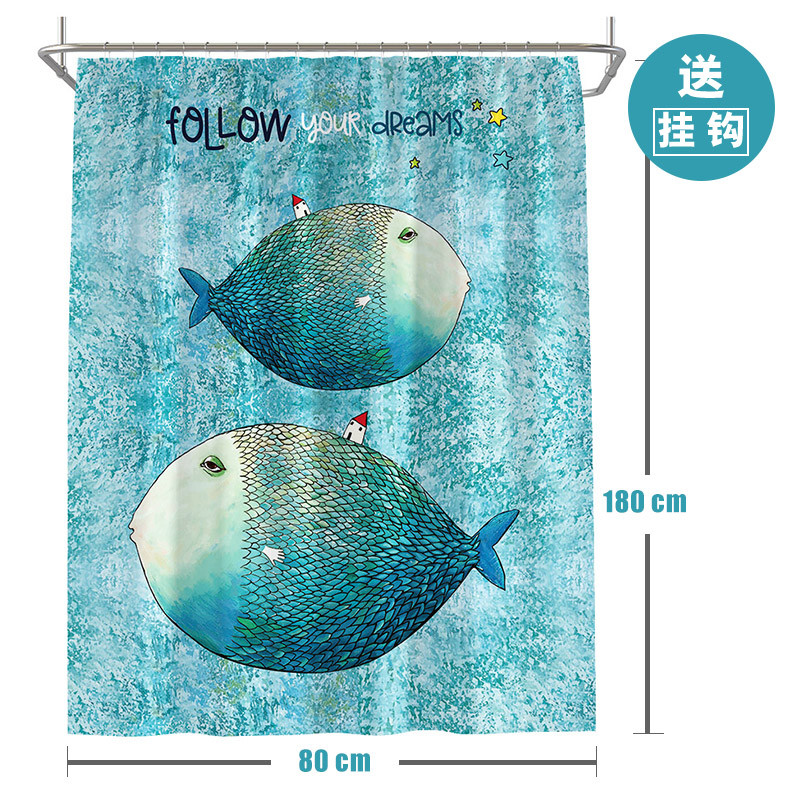 ins北欧浴帘浴室防水布淋浴房隔断挂帘加厚防霉卫生间套装免打孔_3 默认尺寸 大鱼小房子浴帘宽80高180cm送钩