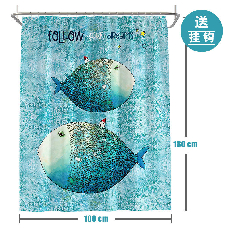 ins北欧浴帘浴室防水布淋浴房隔断挂帘加厚防霉卫生间套装免打孔_3 默认尺寸 大鱼小房子浴帘宽100高180cm送钩