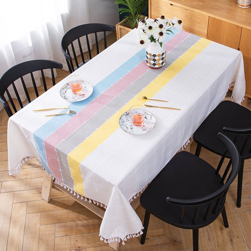 日式条纹桌布布艺棉麻小清新加厚茶几餐桌布现代简约加厚流苏北欧_1 110*170cm 夕夏蓝粉格子流苏桌布