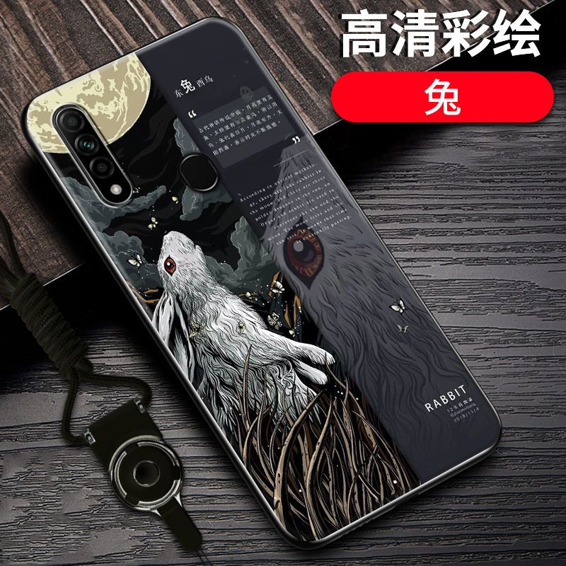 oppoa8手机壳防摔OPPOA8十二生肖国潮定制硅胶全包边PDBM00保护套_218 兔-12生肖-黑边国潮彩绘OPPOA8