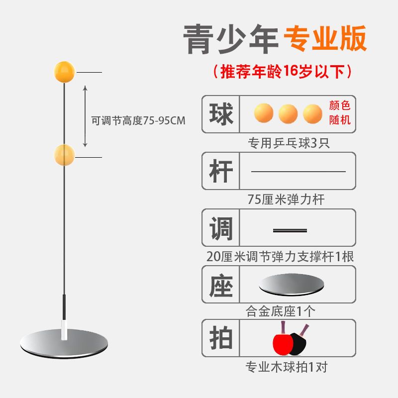 【优先发货】【升级款】弹力软抽乒乓球训练器儿童学生视力训练成人家用自练器 青少年专业版（合金底座+专业木球拍）