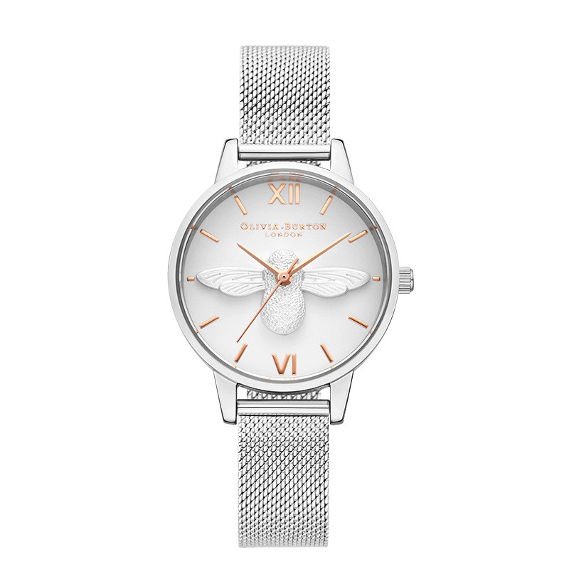 OLIVIABURTON 女士手表英国进口OB16AM146小蜜蜂3D清新优雅网带女士石英表30mm 典雅素银