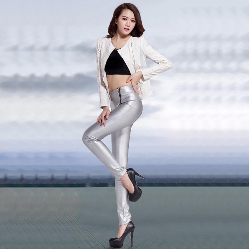 金时尚高腰皮裤女pu皮显瘦秋冬紧身小脚裤简约气质优雅铅笔裤 银色 xl