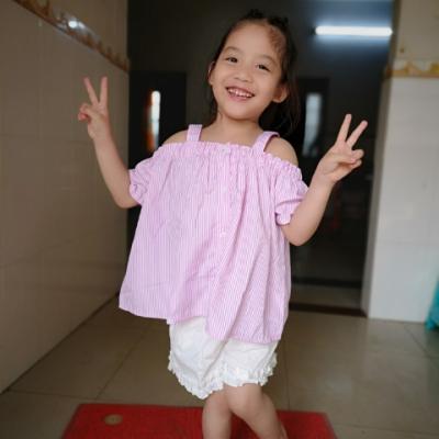 花样童依(huayangtongyi)童装2019夏季新款女童套装中大童条纹吊带一字肩两件套儿童裤套装 粉色 120cm晒单图