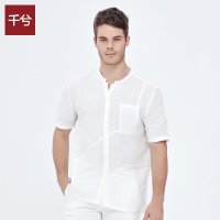 千兮510204 男士短袖衬衫 棉麻中国风宽松立领衬衫 2015夏季新品 米白色 175/L