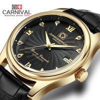 瑞士嘉年华CARNIVAL手表新款名匠系列男表全自动夜光机械表 男士休闲时尚日历防水皮表带商务男表精钢金属8671G腕表 全金色黑盘黑皮