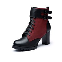 GEMEIQ/戈美其 粗跟防水台加绒系带短靴短筒高跟马丁靴子皮带扣女靴1915007 酒红色 34码