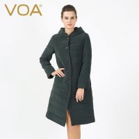 VOA 重磅真丝棉衣连帽女加厚宽松简约中长款丝绸棉服M6301 青田深松绿 M
