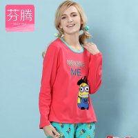 芬腾2015秋季新款韩版休闲女式睡衣长袖纯棉卡通圆领家居服套装西瓜红X9513268 西瓜红 M