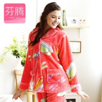 芬腾珊瑚绒睡衣女2015新款秋冬季淑媛女士法兰绒家居服套装Z131507 虾红 M