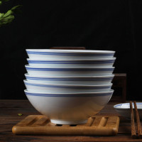 LICHEN景德镇陶瓷老式蓝边碗 高白瓷釉下彩大饭碗面碗一个6英寸 微波炉适用