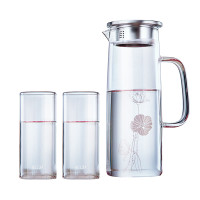 物生物/RELEA 1150ML大容量玻璃凉水壶不锈钢壶盖 荷花图案直身杯套装 透明