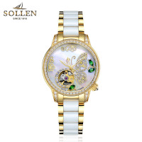 梭伦(SOLLEN)手表女自动机械表防水女表蝴蝶镂空时尚潮流镶钻陶瓷表SL406 金色