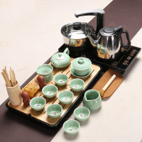 百鸿（Baihong） 整套茶具密胺茶盘竹茶托盛水式功夫茶具茶壶四合一 家用简约密胺黑青瓷鱼戏电热炉套装