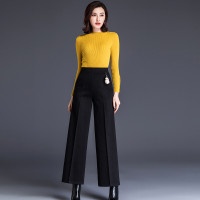 迪鲁奥（DILUAO)【秋尚新】坠感毛呢阔腿裤女秋冬季新款高腰米色长裤直筒加绒裤子筒裤冬_806 黑色 M