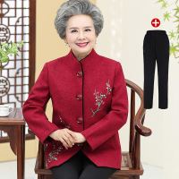 迪鲁奥（DILUAO)中老年人秋冬新款秋装外套女装奶奶装60-70岁80婚礼妈妈装春秋毛呢上衣服_507_691 正红色(上衣+裤子) 5XL(建议165斤以内)