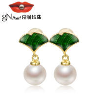 [京润珍珠]翠浓 7-8mm近圆形S925银镶白色淡水珍珠耳钉配绿珐琅银泰同款 珠宝宠自己送妈妈 金色