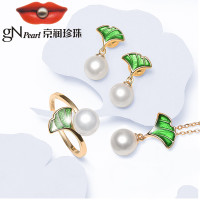 [京润珍珠]碧秀翠浓 7-8mm近圆形S925银镶淡水珍珠吊珠链耳钉戒指套装 珠宝宠自己送妈妈 项链7-8mm39cm+4cm耳钉7-8MM开口圈