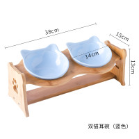 猫碗宠物用品碗陶瓷双碗食盆防打翻木架护颈吃饭喝水斜口碗猫咪碗_1 高度调节大小通用 猫耳双碗+木架+纯蓝色