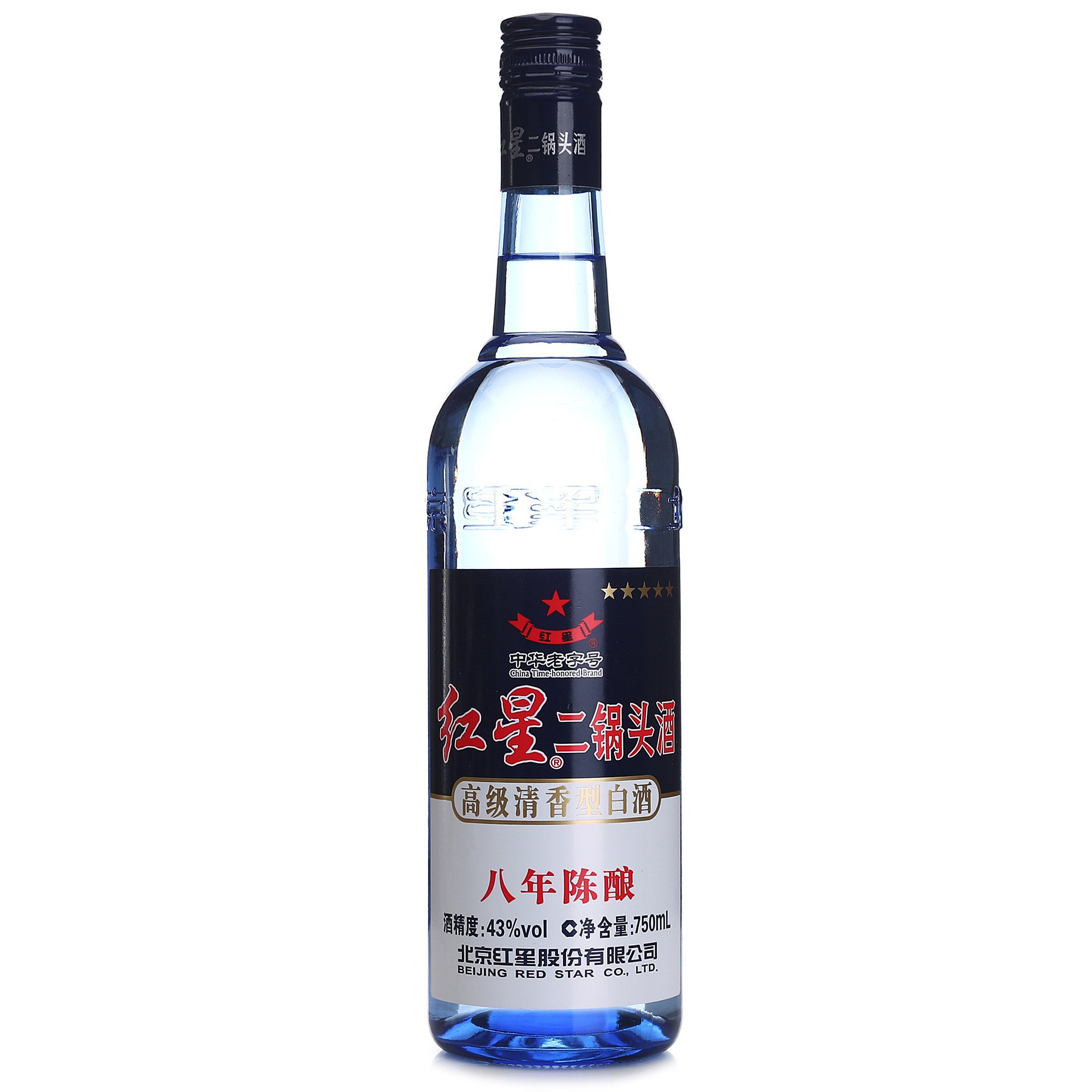 红星二锅头酒 八年纯粮/陈酿 蓝瓶 43度 新老包装随机发货 750ml/瓶