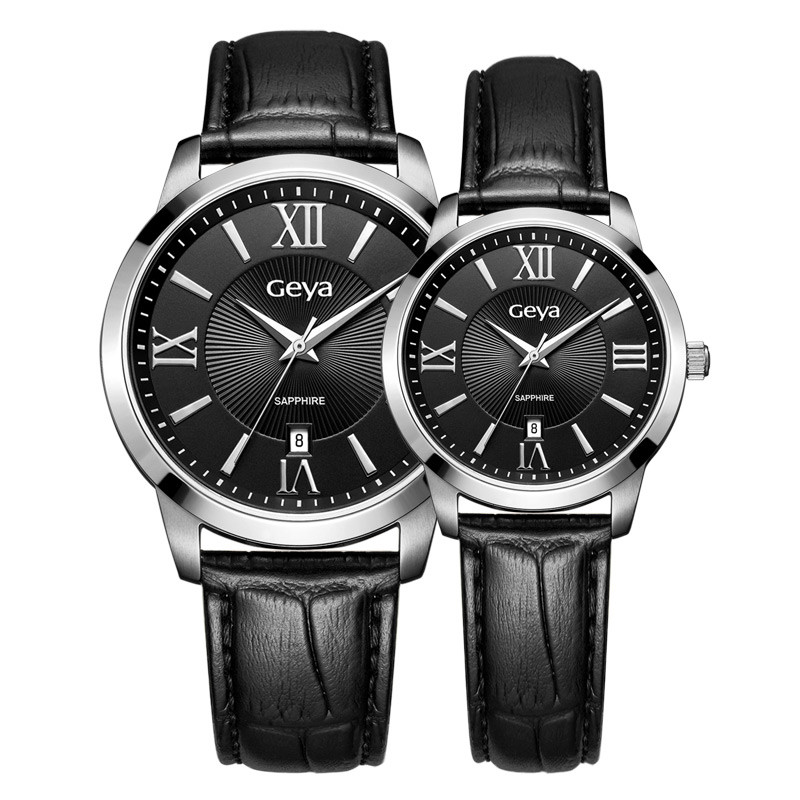 geya格雅情侣手表韩版简约日历显示防水时尚款石英情侣表6175黑盘黑带