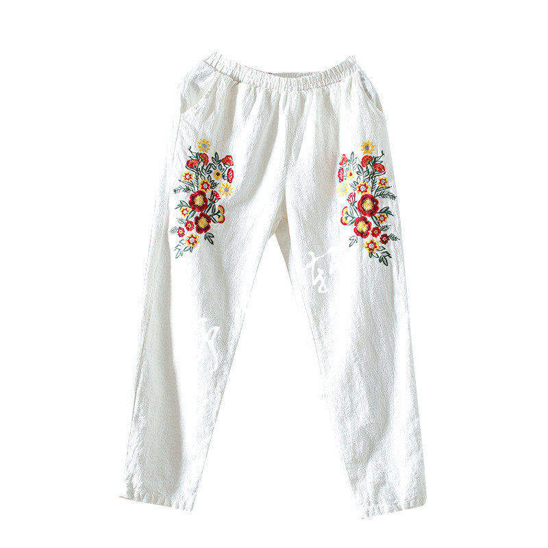咖咪雨原创秋款中国风苎麻休闲裤女绣花长裤文艺复古松紧腰直筒裤