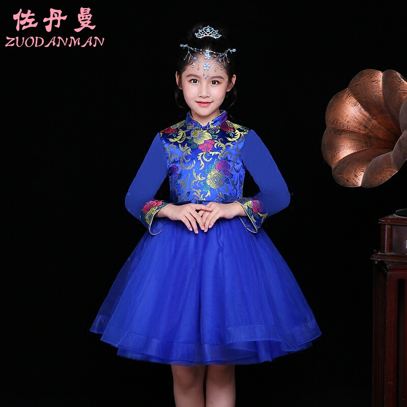 女童旗袍唐装复古中国风蓬蓬裙演出服长袖秋 110cm 蓝色男孩唐装上衣
