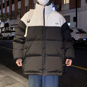 冬季羽绒棉服男港风ins拼色立领棉衣潮牌宽松情侣外套男