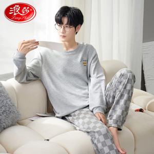 浪莎(LangSha)男士睡衣男春秋冬季圆领套头家居服套装宽松大码可外穿两件套